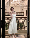 White Satin Midi Dresses for Women 2023 Elegant Party Suspender Female Clothes Fashion Waist Closure Evening Summer