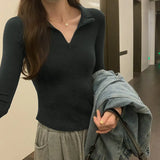 Color Slim Stretch Long-Sleeved T-Shirt A New Autumn Tight Blouse With A Thin Lapel And Bottomed