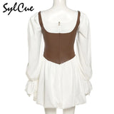 Contrast Color Slim Splicing Corset Versatile Commuter Fashion Square Neck Flared Sleeve Women's Pleated Skirt Zip