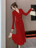 Dress 2024 Autumn/Winter New French Style Single Breasted Fish Tail Knit Dress Fashion Hollow Out Stretch Knit