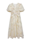 Print Long Dresses for Women 2023 New Summer French V-neck Beading Puffy Sleeve Female Clothes Elegant Party Slim