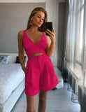 Summer V Neck Strap Crop Top + High Waist Shorts Women's Solid Color