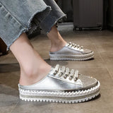 Baotou Semi-Slippers For Women's Spring And Summer New Flat-Bottomed Water Drill Thick-Soled Lazy Casual