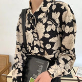 Women Rose Printed Button Design Elegant French Retro Loose Office Lady Blouse Leisure Breathable Chic Fashion Hot
