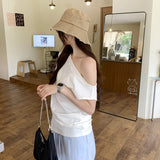 Seam Forked Irregular Shoulder Short-Sleeved T-Shirt Women's New Summer Design Feel Minority Lazy Style Beautiful