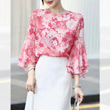 Goddess Pink Pink Imitation Silk Printed Seven-Cent Lotus Leaf Sleeve Round Collar Loose