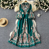 Vintage Dress Women's High-End V-Collar Lantern Sleeves Show Thin Waist Fashionable Print Forked