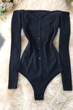 Slash Neck Long Sleeve Bodysuit Autumn 2023 Single Breasted Playsuit Red/Gray/Black Sexy Knitted Rompers New Fashion
