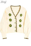 Autumn New Sweet Flowers V-neck Long Sleeve Button Knitted Coat Sweaters Harajuku Women Cardigan Fashion Korean Knitted