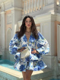 Women Elegant Floral Print V-neck Ruffle Mini Dress Summer Sexy Long Puff Sleeved High Waist Vestidos Female Beach Vacation
