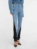 Niche Design 2025 New Middle Waist Contrast Color Splicing Washed Light Color Small Foot Jeans
