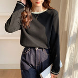 Long-Sleeved T-Shirt Women's New Design Is Full Of Impact Color Round-Neck Waffle Top And Bottom