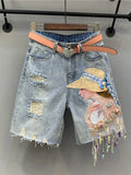 Summer Women's Jeans Korean Fashion Hole Ripped Beading Vintage Printed Knee Length Denim Pants Y2K High
