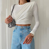 Solid Color Women Wrinkled Style Summer Crop Tops Female Long Sleeve T-shirt New Chic Club
