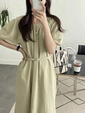 Zingj Chic Summer Retro Small Fresh Round Collar Tie Waist Show Thin Pleated Bubble Sleeve Dress Long Skirt
