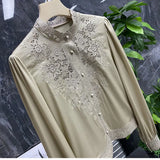 Silk Embroidered Shirt Women's 2023 Early Spring New Court Style Hollow-Out Shirt Socialite