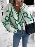 2021 V Neck Long Sleeve Caridigan Women Green Autumn Winter Knitted Sweater Loose Casual Fashion Jumper Tops