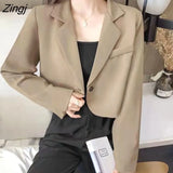 Women Crop Outwear Spring Office Ladies Solid Design Retro Casual Simple Fashion Korean Chic Female All-match