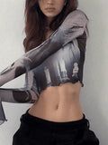 Cropped Flare Cuffs Mesh Blouse- Outfit