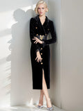 Retro Long-Sleeved Gold Velvet Dress Women's High-End Light Extravagant Suit Collar Waist Metal Button Medium