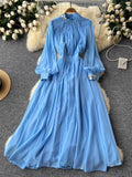 Light Ripe Wind Collar Pleated Lantern Long Sleeved Waist Dress Feminine French Large Pendulum Chiffon