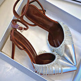 and American pointed toe rhinestone fringed women's sandals women's high