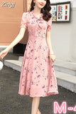 Sleeve Dress Women Summer Floral Printed Bow Pink Mid-calf Hot Sale 4XL Elegant Sweet Fresh Leisure Ladies Preppy
