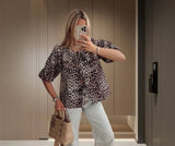 Zingj Fashion Casual Print Hollowed-Out Lace-Up With Lotus Leaf Bubble Sleeves Shirt Women's