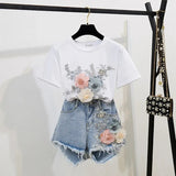 Cotton T-Shirt Tops + Short Jeans 2 Pieces Sets 2024 New Summer Women's Denim Pants Outfits 3D Flowers Beading