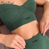 Sport Matching Women Shorts Set Ribbed Knitted Crop Top And Biker Shorts Two Pieces One Suit Booty Shorts Set