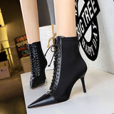 Zingj Korean Version Fashion Sexy Skinny Female Boots, High Heels, Shallow Pointed Head Cross Straps Ankle