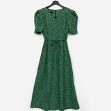 Zingj Chic Sweet Foreign Style Show Thin V-Collar Receive Waist Slim Long Knee Bubble Sleeve Leopard Print
