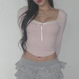 Desire Atmosphere Tie-Up Small Sexy Square Collar Low-Cut Slim Pink Long-Sleeved T-Shirt 2024 Spring / Summer New