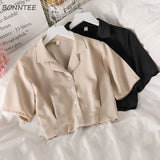 Women Notched Crop Top Simple New Summer Ladies All-match Chic Elegant Ulzzang Harajuku Fashion Solid Chiffon Design