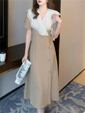 Women Elegant One Piece Midi Dress Office Lady Fashion Casual Patchwork Party Clothes