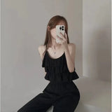 Version Of Summer Sling Suit Vertical Collar Lace Pleated Blouse Tea Is A Complete Set Of Elastic Wide-Leg