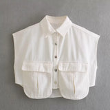 Women's Solid Color Big Pocket Sleeveless High Sense Cardigan Polo Collared Shirt Denim Top
