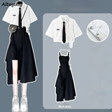 Women Sets Single Breasted Turn-down Collar Short Sleeve Shirts Design Asymmetrical Dress Summer Mujer Fashion 2 Piece