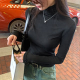 High-Necked Threaded Shoulder Long-Sleeved T-Shirt New Spring Style Slim And Thin Bottomed Shirt With