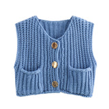 2025 Spring And Autumn 2025 New Women's Pocket Sleeveless Short Knitted Cardigan