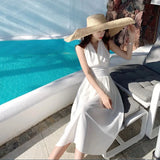 2022 Summer French Elegant Halter Midi Dress for Women V Neck Retro Beach Holiday Robe Sleeveless Backless New