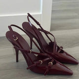 Zingj New Patent Leather One Word Buckle Cat With Baotou Sandals Women's Black Silk Pointed High