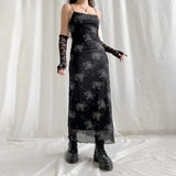 Gothic Grunge Floral Print Slip Mesh Dress Long Ladies Fashion Chic Y2K Double Layer Sexy Maxi Dresses 90s