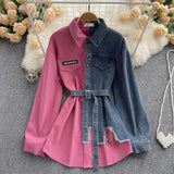 Zingj Spliced Corduroy Lapel Dress 2023 Autumn And Winter New Korean Version Waist Shows Thin Irregular Medium
