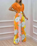 Two Piece Set Women Fashion V-neck Bat Sleeve Top Printed Wide-leg Pants Suit Casual Two Piece Set