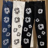 Autumn New High Street Flower Printed Jeans For Men And Women With High Waist And Thin Casual
