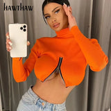 Women Autumn Fashion Long Sleeve Zipper Solid Color Slim Crop Tops T Shirt 2021 Fall Female Wholesale Clothes