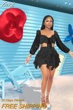 Women's Solid Color Casual Two Piece Set Sexy Deep V-Neck Long Sleeve Bandage Crop Top + Bodycon Shorts Party