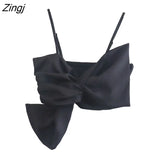 Women High Street Big Bow Design Patchwork Knitting Short Sling Blouse Female Summer Slim Shirt Chic Crop Tops