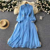 Light Ripe Wind Collar Pleated Lantern Long Sleeved Waist Dress Feminine French Large Pendulum Chiffon